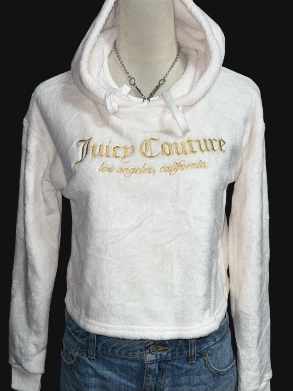 Juicy Couture Cream Plush Hooded Sweatshirt with Gold Embroidery